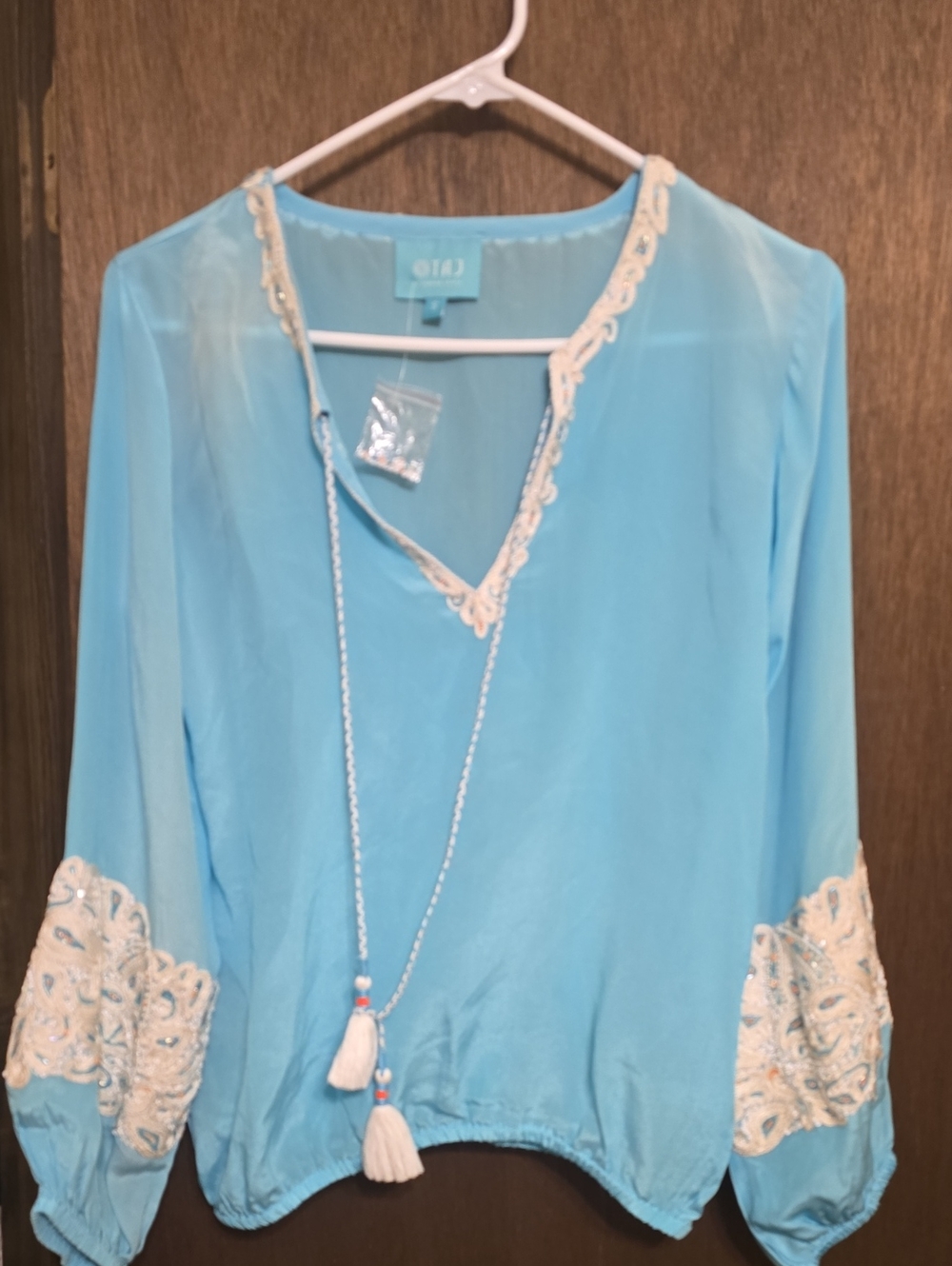 Light Blue Peasant Blouse with Cream Embroidery